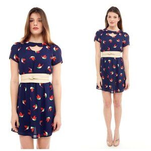 Modcloth Dress Retro Bird Print Navy Blue Peter Pan Collar M